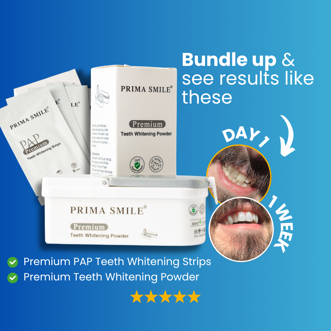 Prima Smile Teeth Whitening Strips + Prima Smile Teeth Whitening Powder.