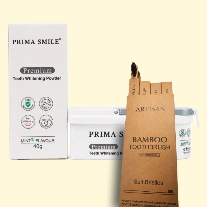 Prima Smile Teeth Whitening Powder + 4 pack Bamboo Toothbrushes