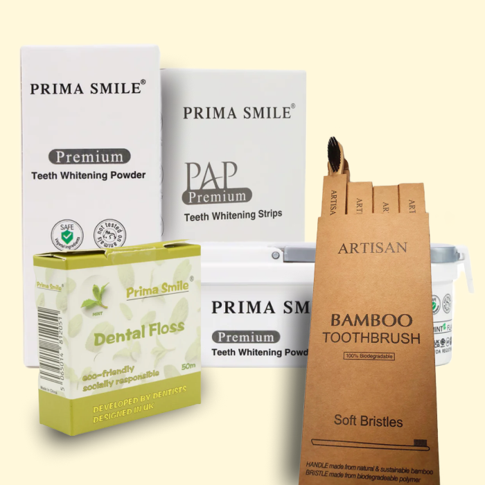 Prima Smile Teeth Whitening Powder + Prima Smile Teeth Whitening Strips + 4 pack Bamboo Toothbrushes + 1 pack Prima Dental Floss