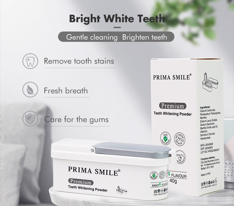 Prima Smile Teeth Whitening Powder + Prima Smile Teeth Whitening Strips   + 4 pack Bamboo Toothbrushes  + 3 pack Prima Dental Floss
