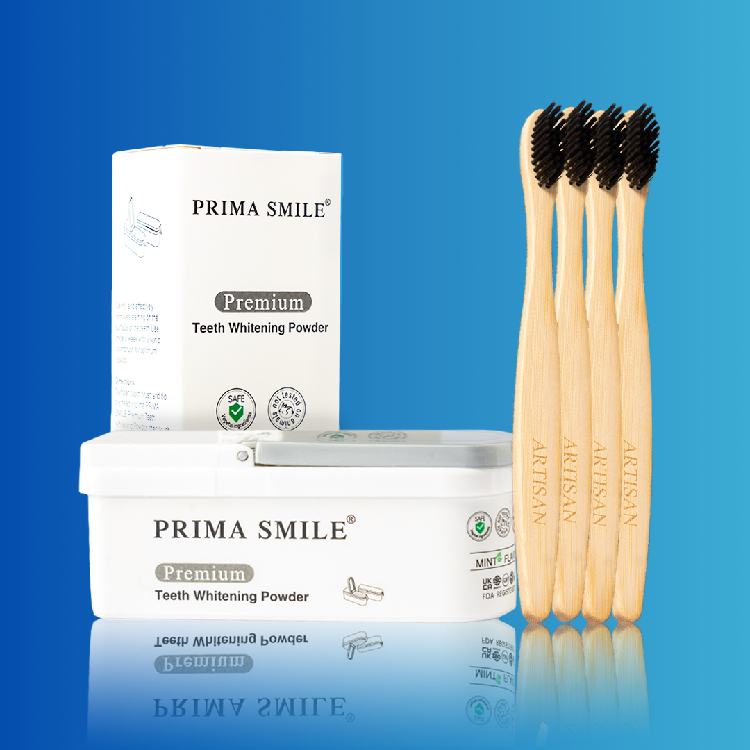 Prima Smile Teeth Whitening Powder + 4 pack Bamboo Toothbrushes