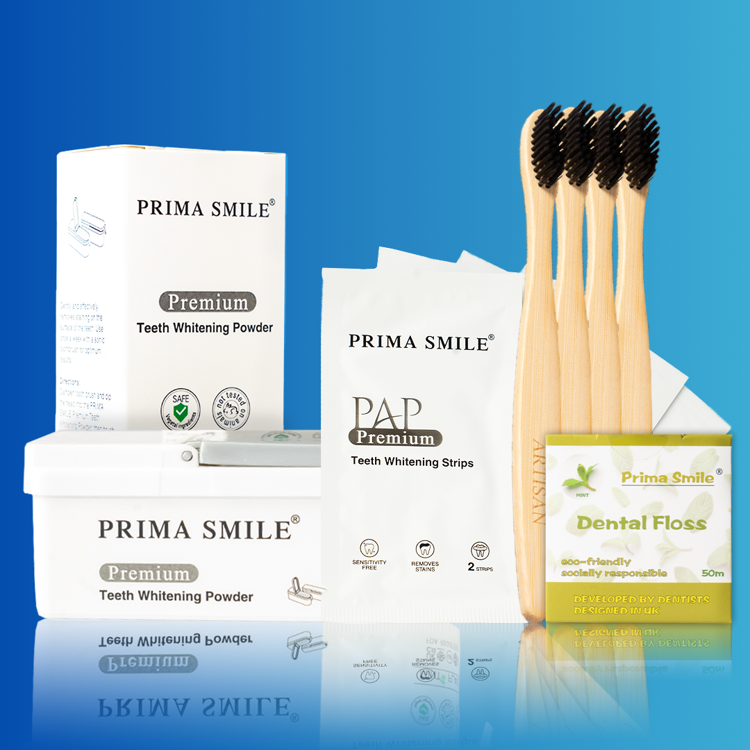 Prima Smile Teeth Whitening Powder + Prima Smile Teeth Whitening Strips   + 4 pack Bamboo Toothbrushes  + 1 pack Prima Dental Floss