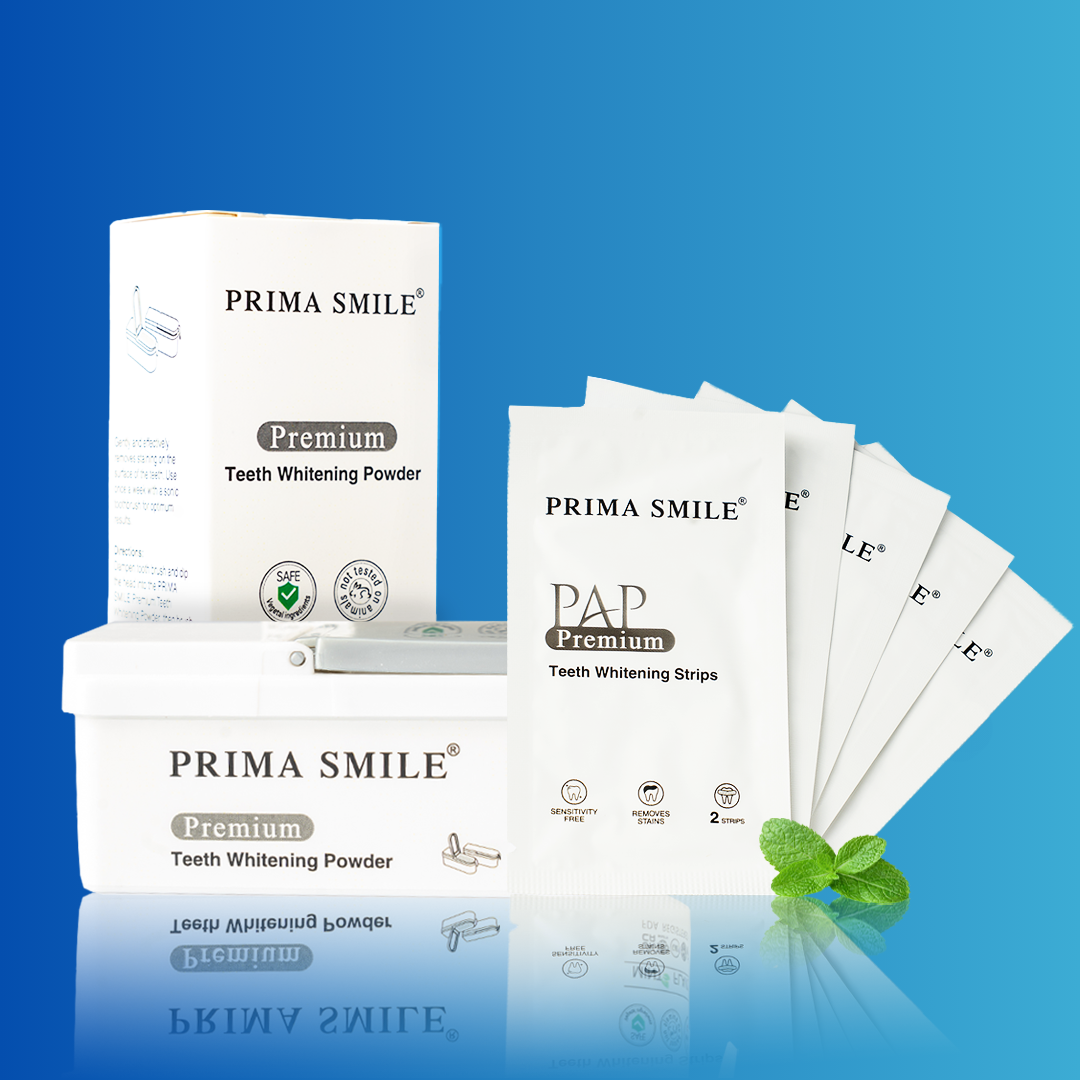 Prima Smile Teeth Whitening Strips + Prima Smile Teeth Whitening Powder.