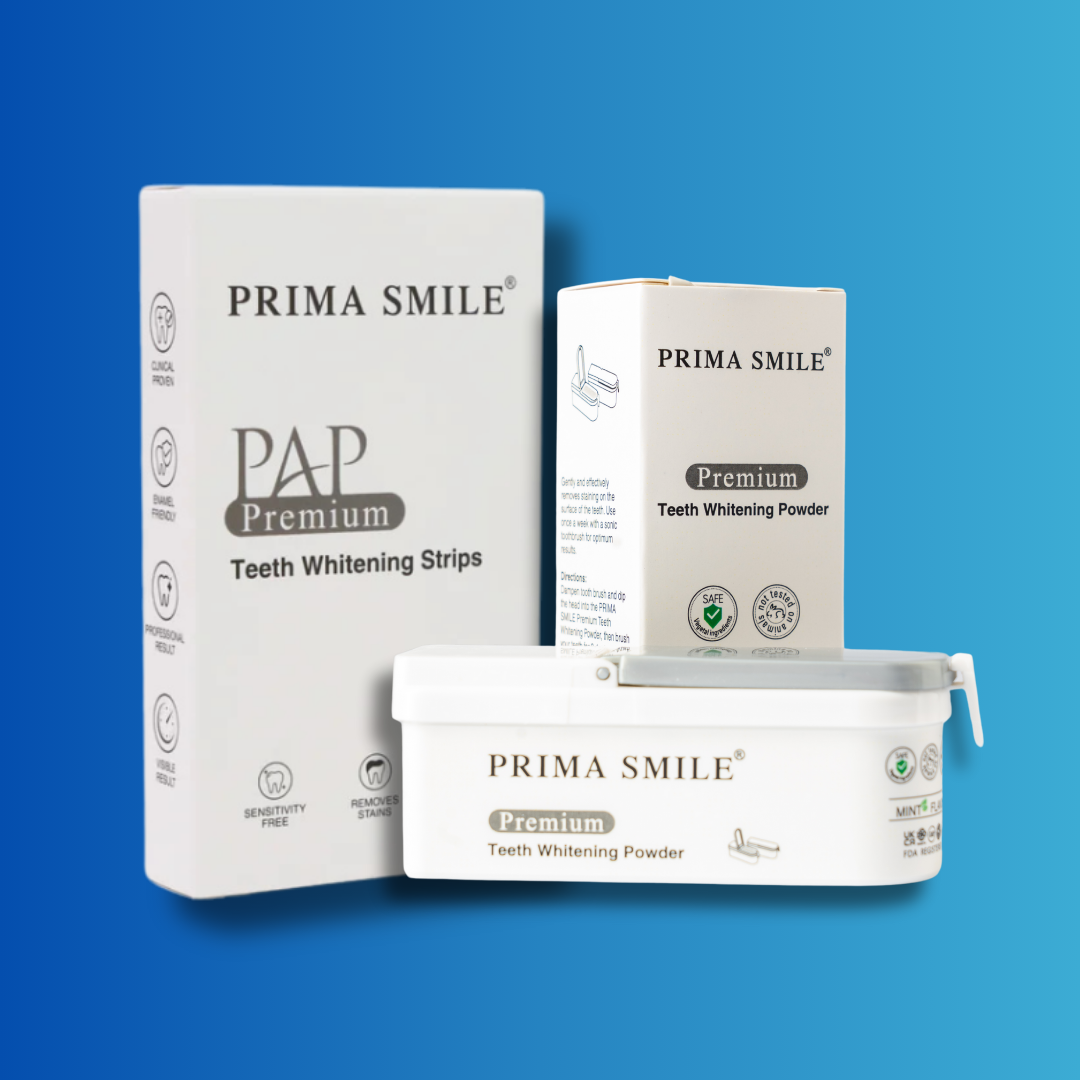 Prima Smile Teeth Whitening Strips + Prima Smile Teeth Whitening Powder.